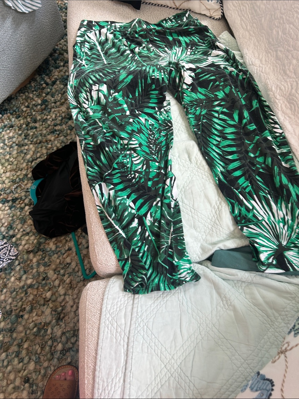 Tropical Green Palm Print Pull-On Pants